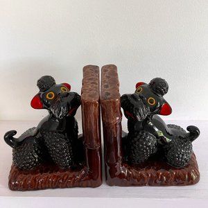 Vintage Black Poodle Bookends 1950's - MCM Kitsch High Gloss Poodles